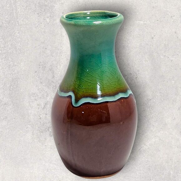 Vintage Teal & Brown Drip Glaze Pottery Bud Vase 6" MCM Retro Artisan Decor - Picture 3 of 12